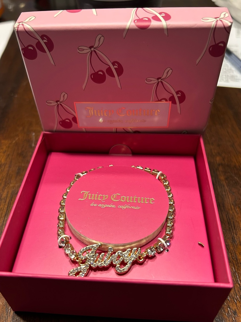 Juicy Couture Gold Crystal 'Juicy' Nameplate Bracelet with Clear Crystals